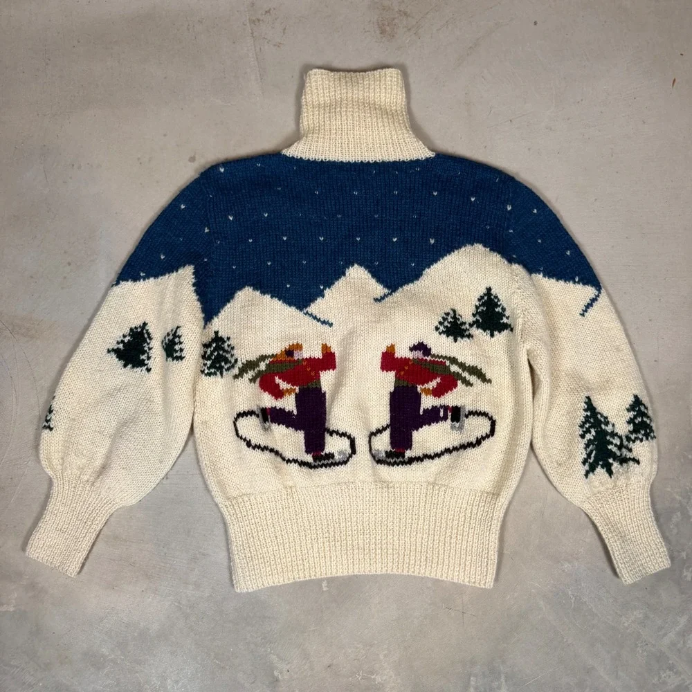 Vintage Handknit Uruguay Virgin Wool Ice Skater Turtleneck Sweater‎ Large Cream